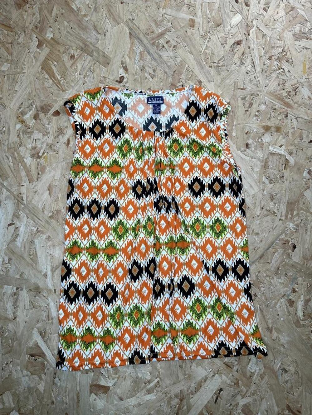 Uniti Stretch Tank Top Womens XL Orange Green Aztec Geometric Sleeveless Blouse